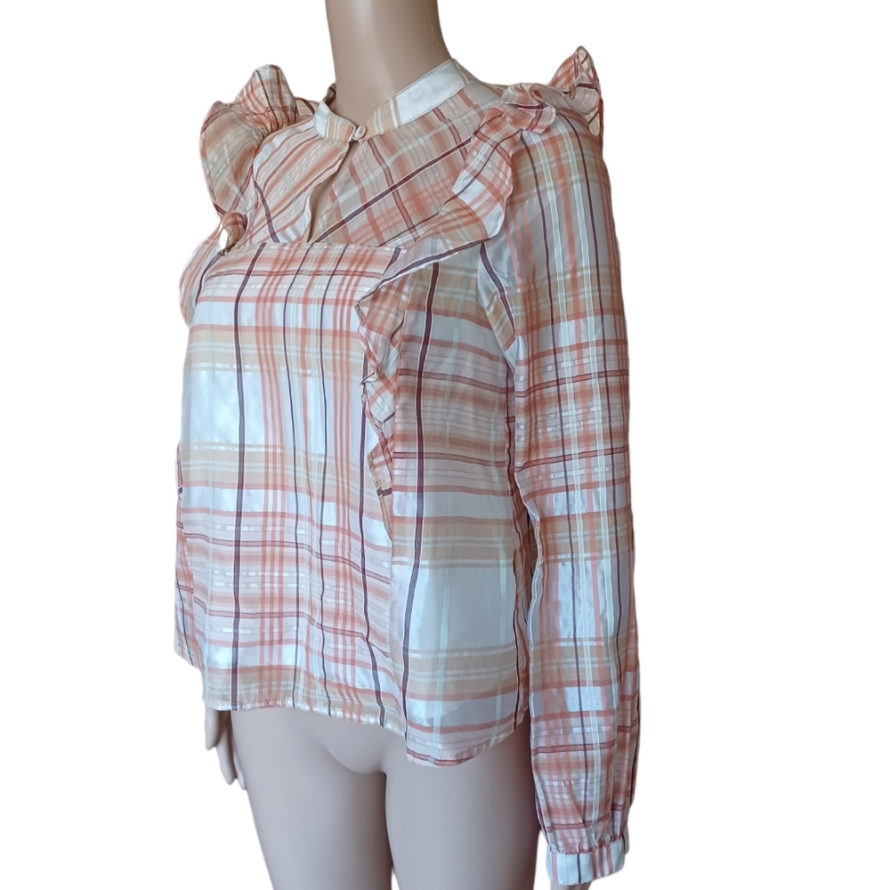 Current Air Anthropologie Womens Ruffled Long Sleeve Top Multicolor Plaid XS